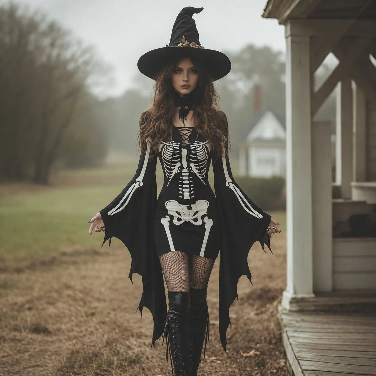Women's Gothic Skeleton Batwing Flare Sleeve Lace‐up Bodycon Dress – Halloween Costume