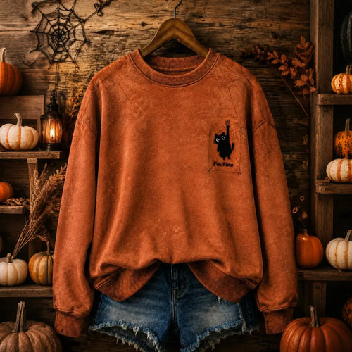 Women's Halloween Cute Cat "i'm Fine" Print Crew Neck Sweatshirt