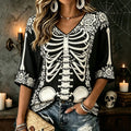 Women's Vintage Halloween White Rose And Human Skeleton Art Printed Mid-length Sleeves V-neck T-shirt