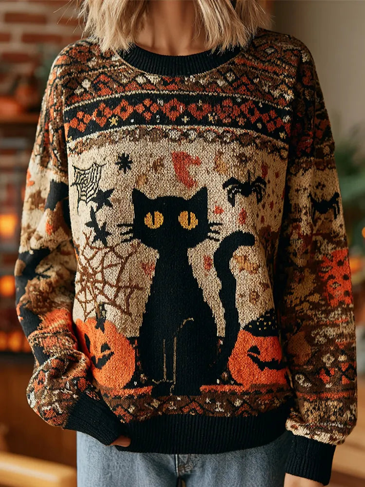 Women's Retro Halloween Black Cat Print Knit Sweater