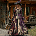 Women's Vintage Halloween Skeleton Print Crew Neck Long Sleeve Maxi Dress