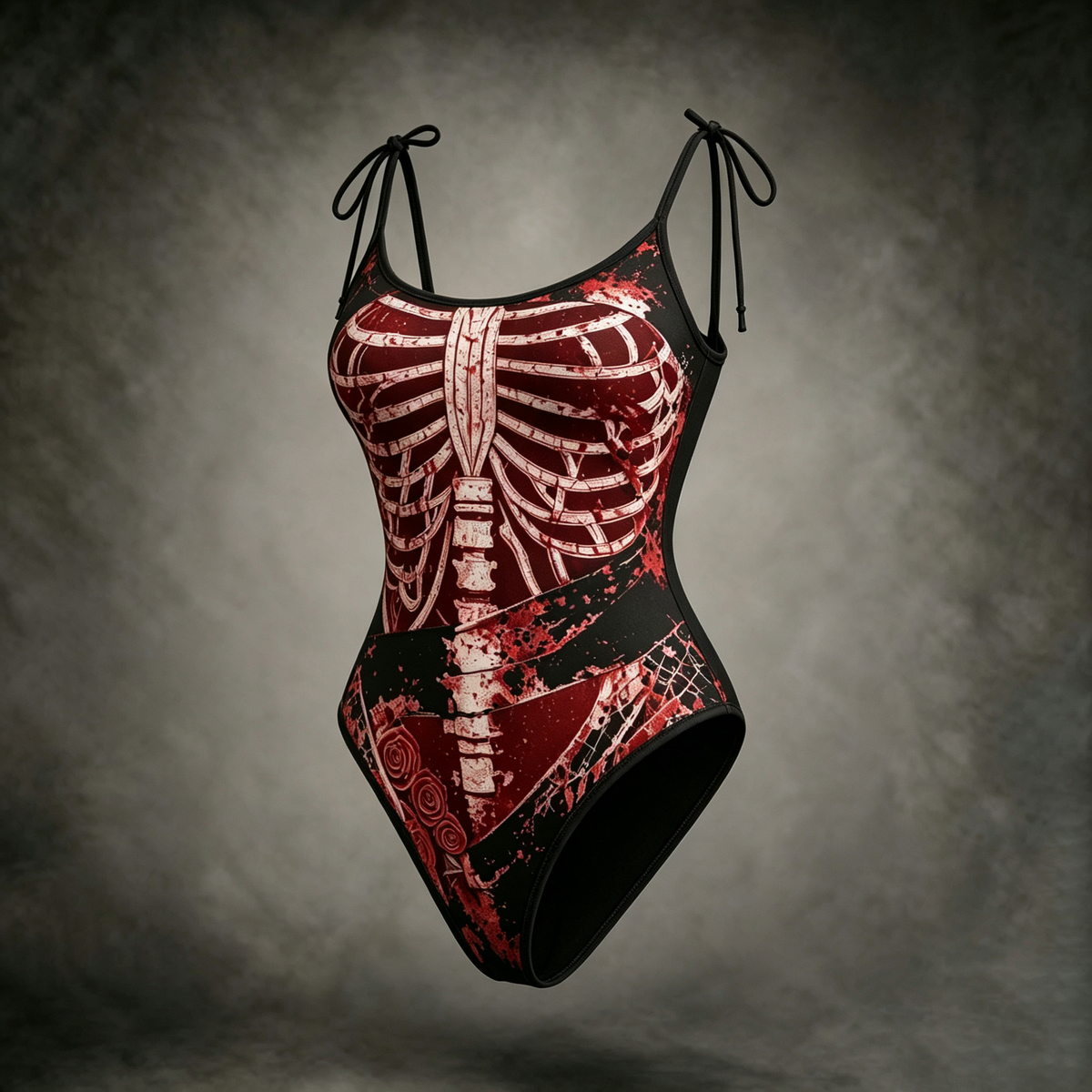 Women's Dark Retro Halloween Rose Skeleton Spider Web Print Three-piece Set
