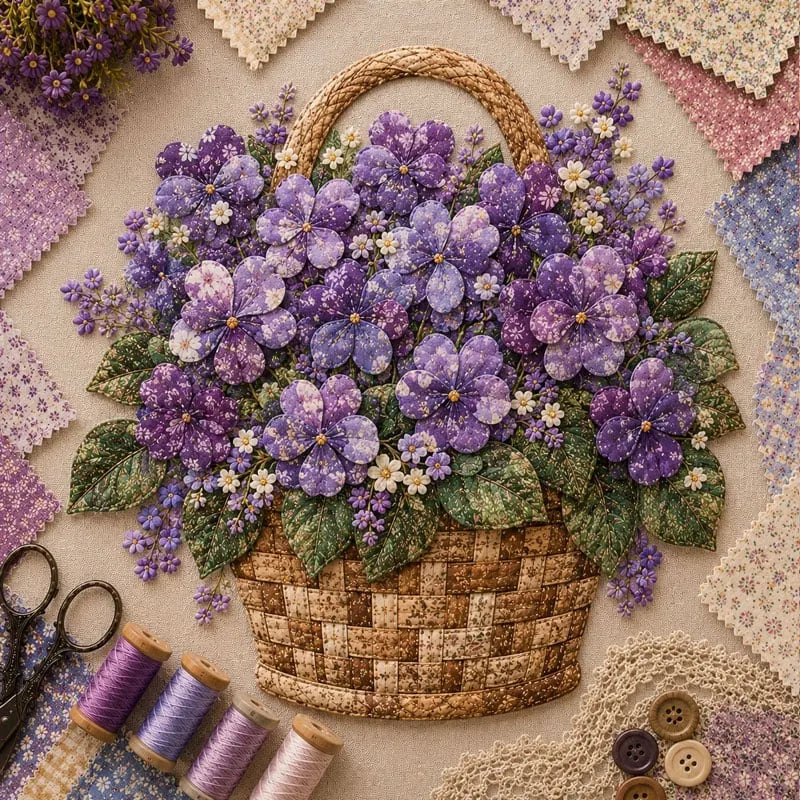 🌸🧵 Premium Floral Basket Patchwork DIY Kit | High-Quality Layered Fabric Bouquet with Raised Petals & Woven Basket Details ✨