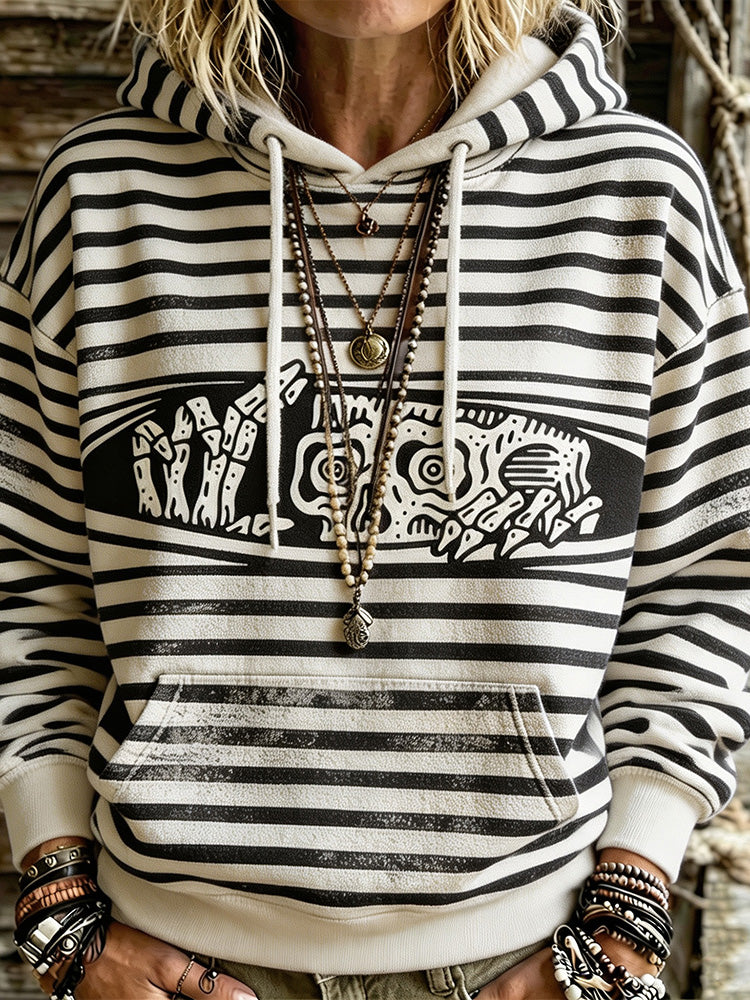 Women's Retro Striped Distressed Skull Hand Pattern Casual Loose Long-sleeved Hooded Sweatshirt