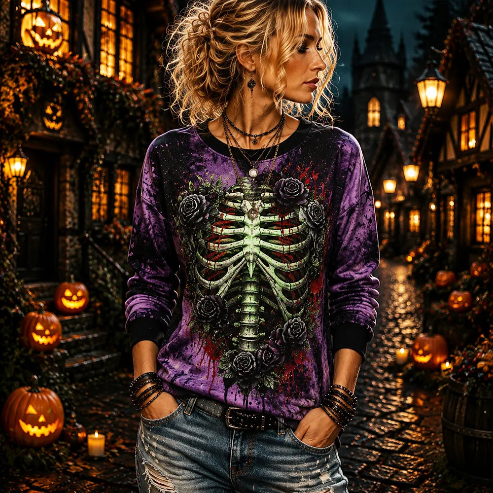 Women's Gothic Skeleton Ribcage Graphic Crewneck Sweatshirt - Dark Floral And Spooky Bones Print Pullover