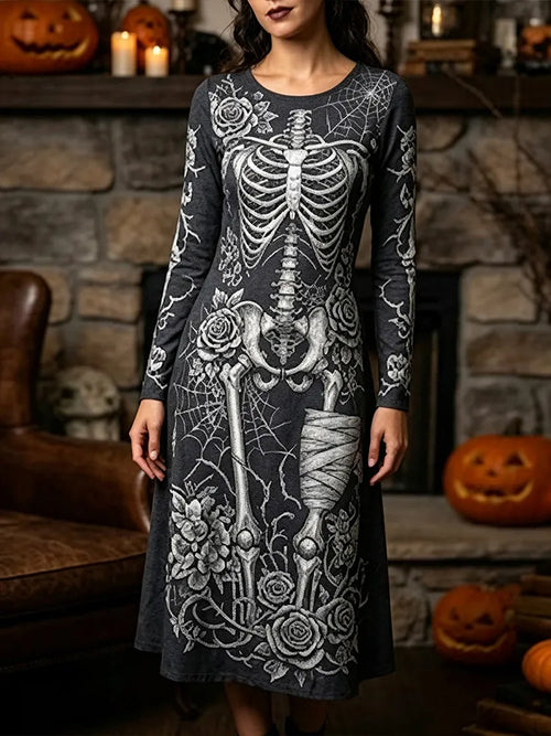 Women's Gothic Halloween Skull Rose Spiderweb Print Long-sleeved Midi Dress