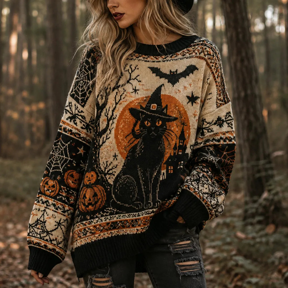 Women's Retro Halloween Theme Cat Witch Print Sweater