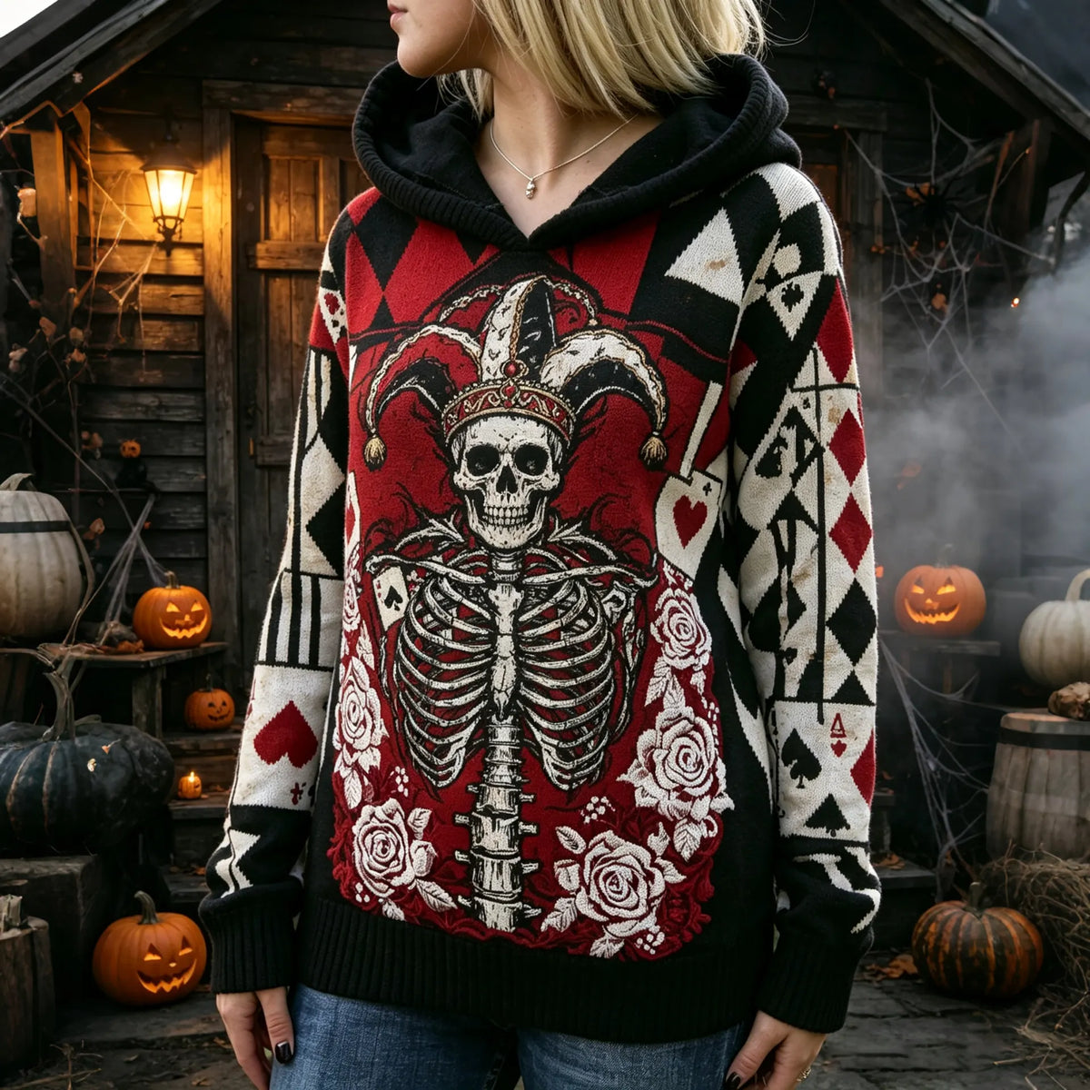 Women's Halloween Gothic Clown Skeleton Print Cozy Art Knit Hooded Sweater