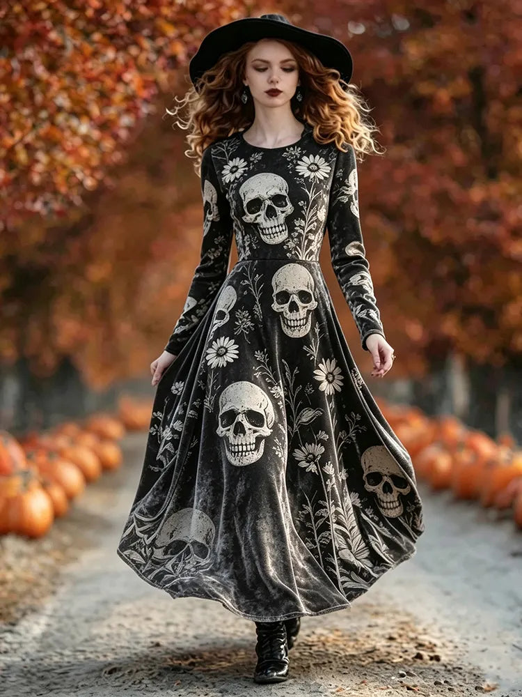 Women's Gothic Velvet Vintage Skull Print Long-sleeved A-line Flowy Dress
