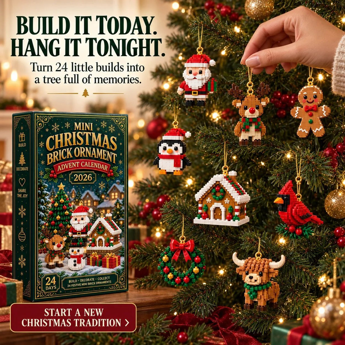🎄 24-Day Christmas Advent Calendar | 24 Mini Buildable Ornaments with Hanging Loops for Tree Decor