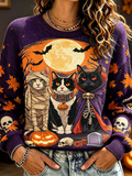 Women's Crewneck Knit Sweater Featuring Three Halloween Cats And Full Moon
