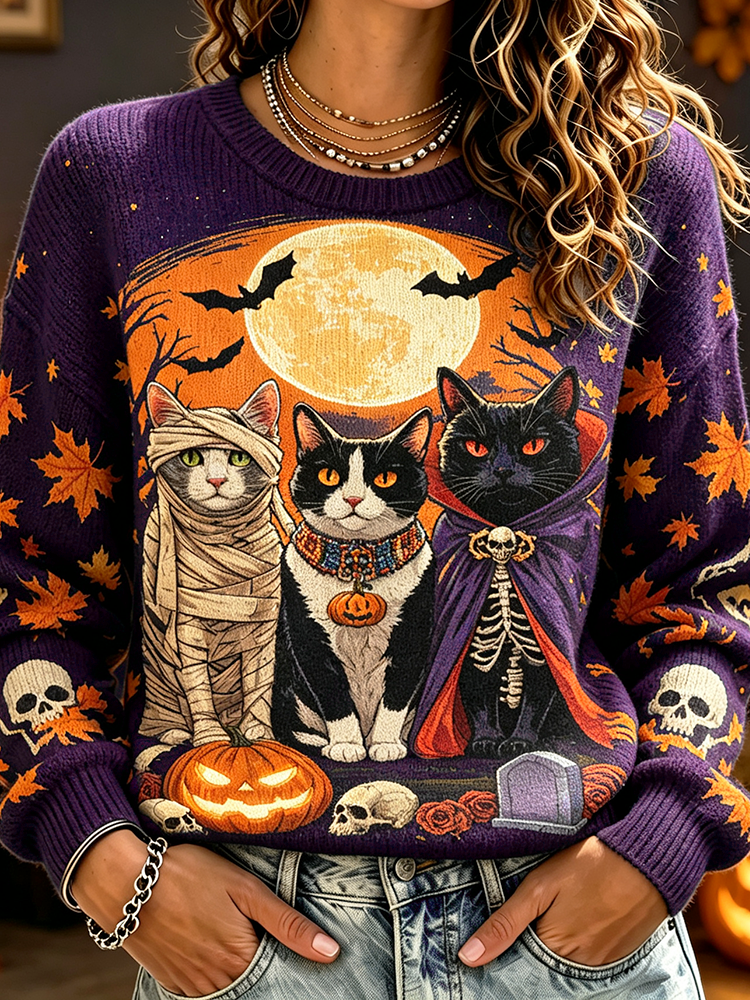 Women's Crewneck Knit Sweater Featuring Three Halloween Cats And Full Moon