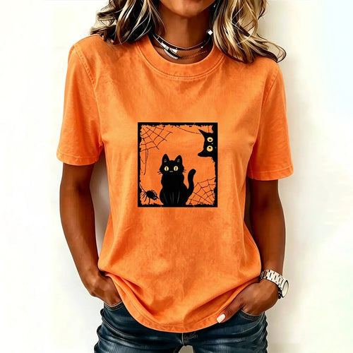 Women's Halloween Cute Cat Print Crew Neck Short Sleeve T-shirt