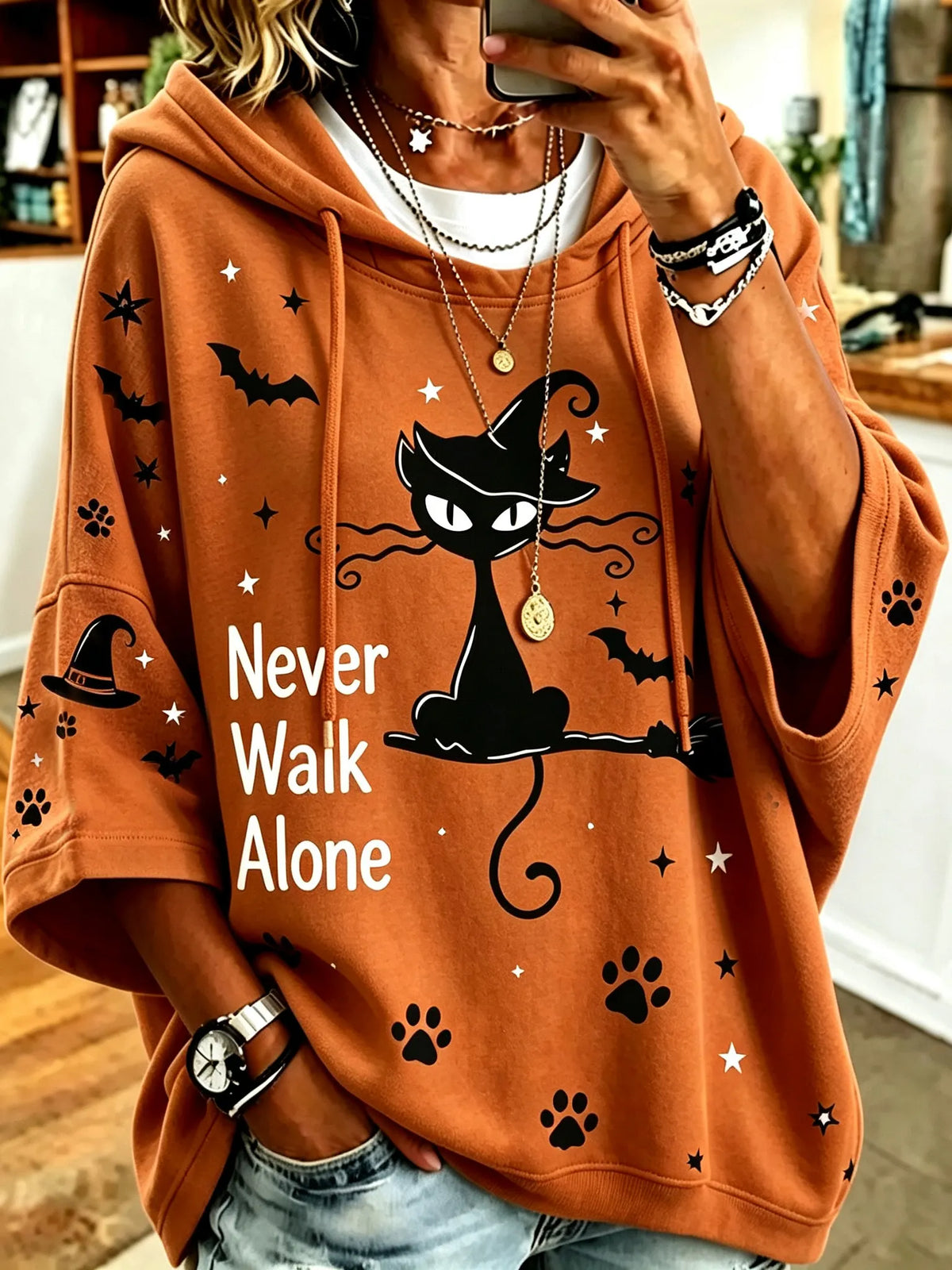 Women's Retro Halloween Theme Cat Print Casual Hooded Sweatshirt