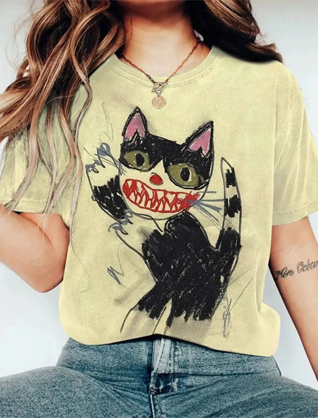 Women's Horror Cat Crayon Art Print Short Sleeve T-shirt