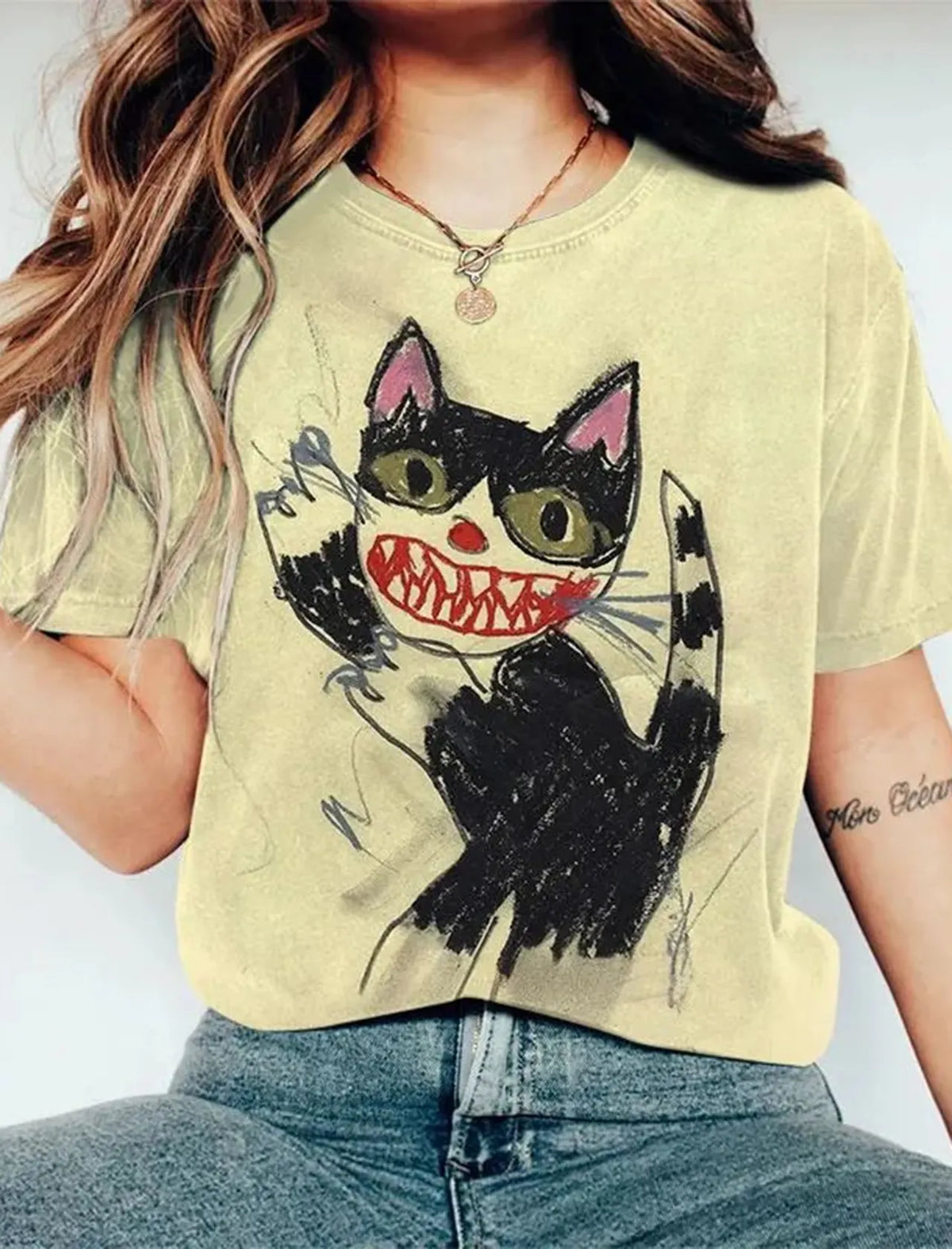 Women's Horror Cat Crayon Art Print Short Sleeve T-shirt