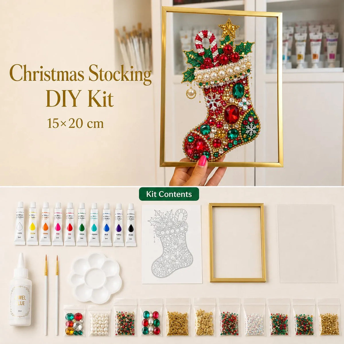 🔥 LAST DAY 49% OFF – 🎄 DIY Jeweled Christmas Tree Art Kit | Colorful Gems, Pearls, Paints & Gold-Tone Floating Display Frame 💎✨