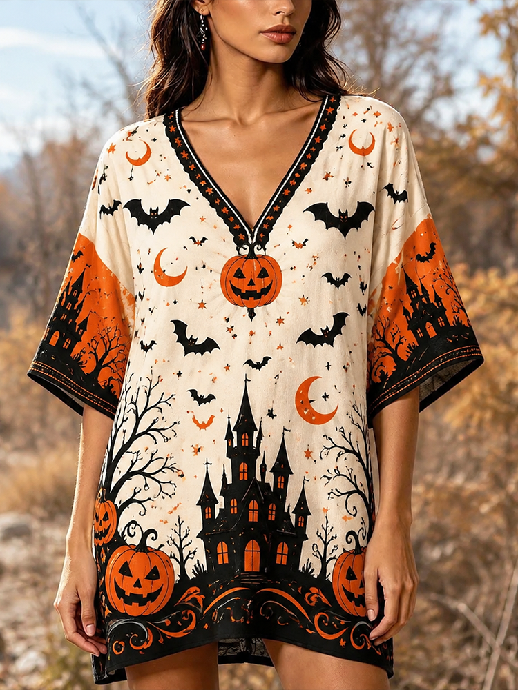 Women's V-neck Loose-fit Mini Dress/cover-up With Halloween Festive Print: Haunted Mansion, Jack-o'-lantern, Bats, And Moons