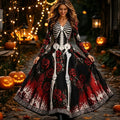 Women's Retro Halloween Rose Skull Print V-neck Long Sleeve Dress