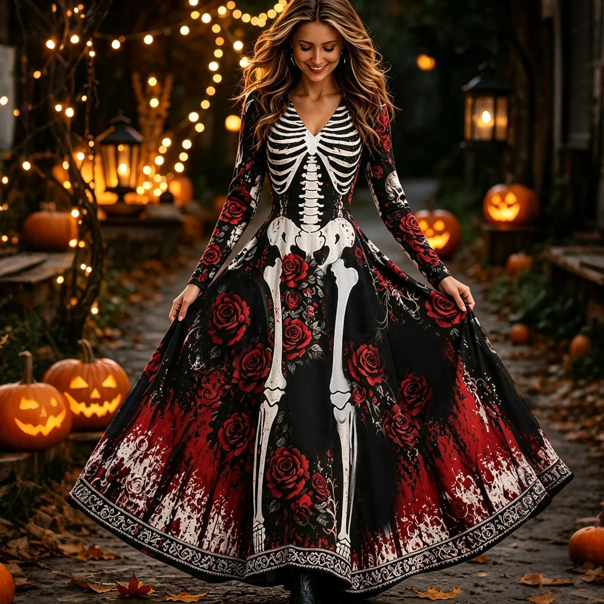 Women's Retro Halloween Rose Skull Print V-neck Long Sleeve Dress