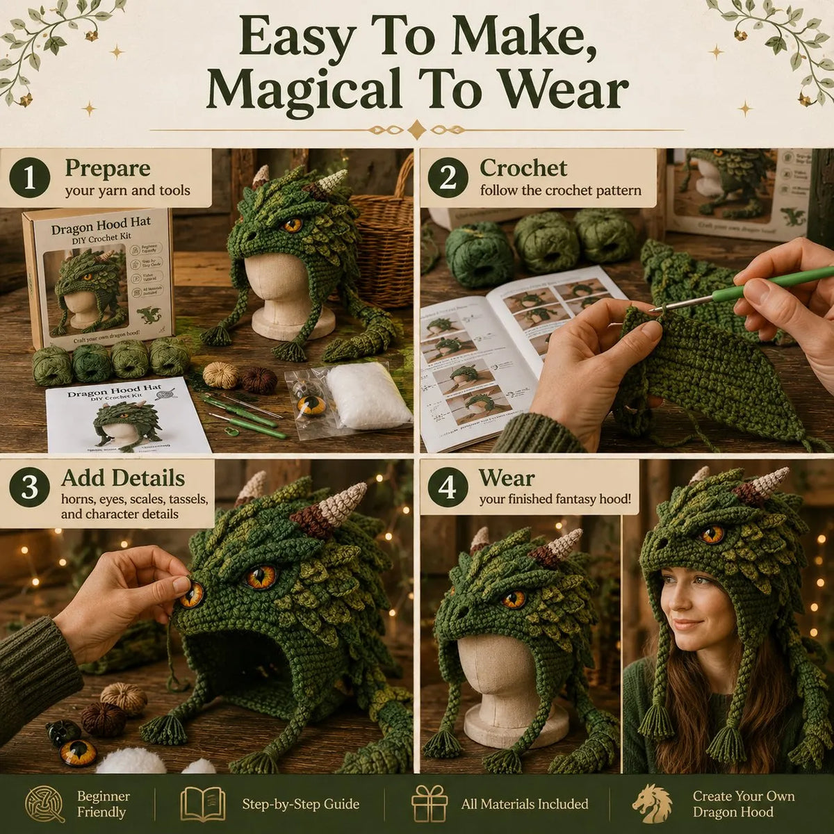 🐉✨ Fantasy Hood Hat DIY Crochet Kit | Premium Soft Yarn Materials with Step-by-Step Guide DIY Handmade Wearable Character Hood 🧶🎭✨