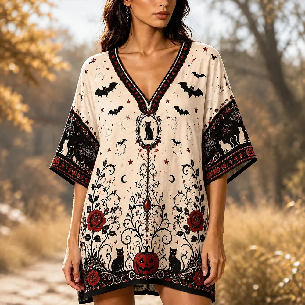 Women's Casual V-neck Kimono-style Mini Dress With Halloween Bat, Black Cat, Pumpkin, And Gothic Rose Print