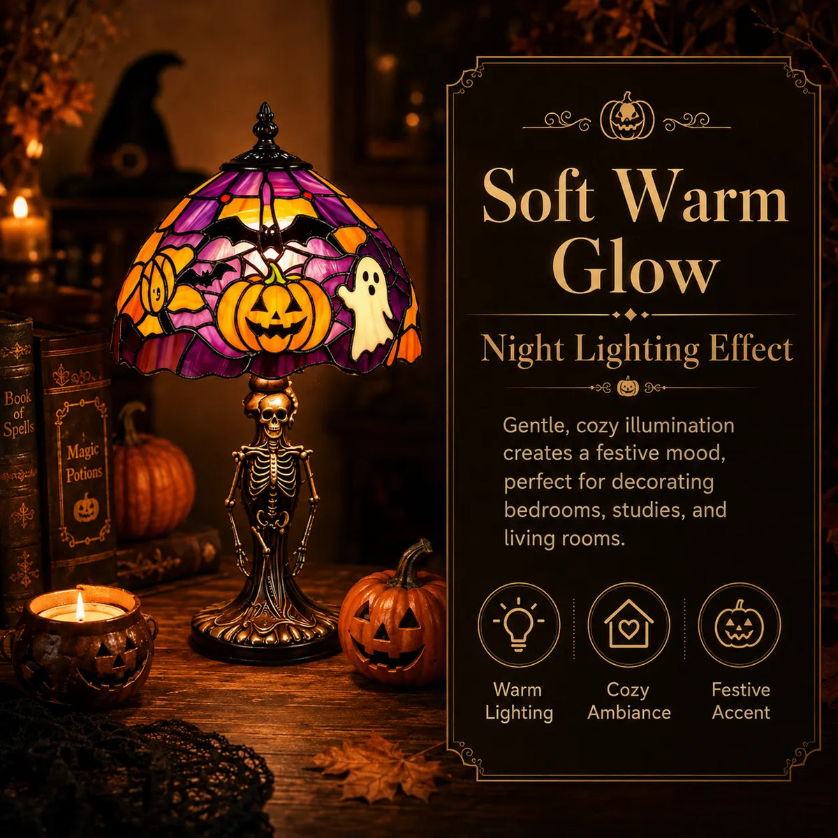👻Spooky Glow Tiffany Lamp Pumpkin Ghost Bat Halloween Desk Light