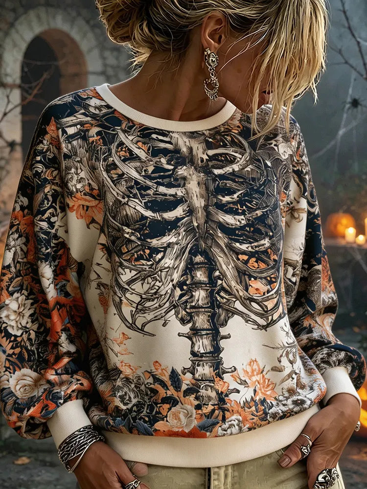 Women's Retro Floral Skull Rib Print Long-sleeved Halloween Casual Top