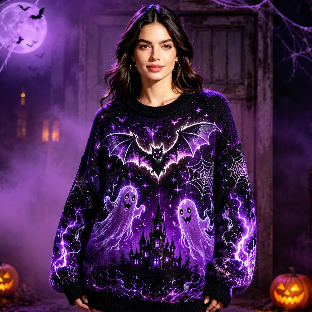 Women's Halloween Spooky Ghost & Castle Graphic Knit Sweater - Purple Bat & Spider Web Pattern