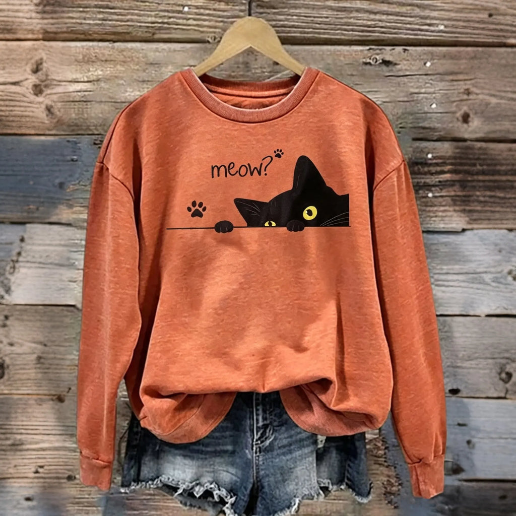 Women's Halloween Retro Cat Letter Print Crew Neck Sweatshirt