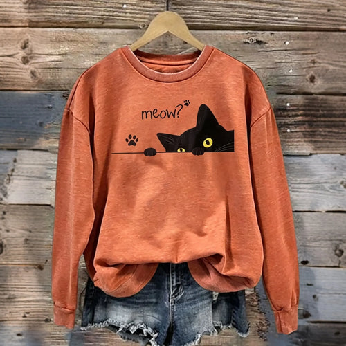 Women's Halloween Retro Cat Letter Print Crew Neck Sweatshirt