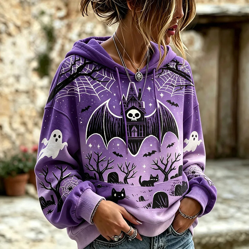 Women's Gothic Halloween Pullover Hoodie With Haunted Castle, Bats, Ghosts, And Spooky Forest Print