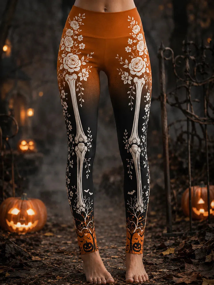 Women's Vintage Halloween Gradient Skeleton & Rose Art Leggings