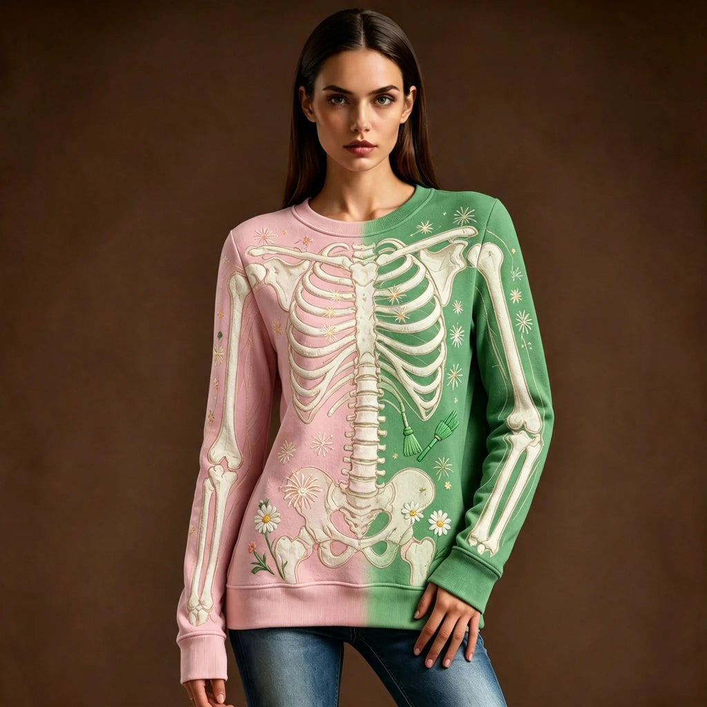 Women's Retro Halloween Skull And Floral Pattern Casual Comfortable Sweatshirt