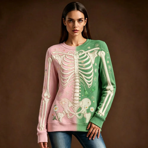 Women's Retro Halloween Skull And Floral Pattern Casual Comfortable Sweatshirt