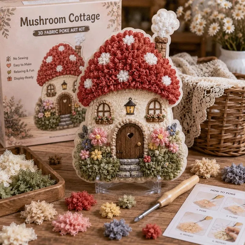 ✨ Whimsical Village 3D Fabric Poke Art Kit | No-Sew Storybook Cottage Craft with Soft 3D Texture, Poke Tool & Display Stand 🏡🧵