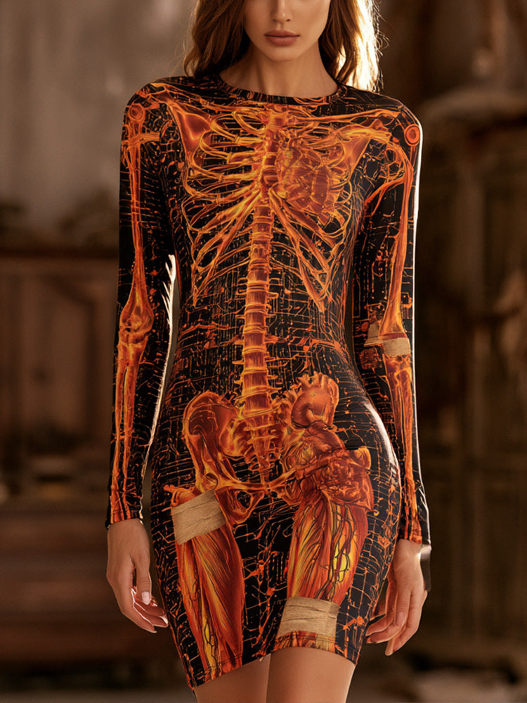 Women's Halloween Skeleton And Cyberpunk Art Slim Fit Long Sleeve Dress