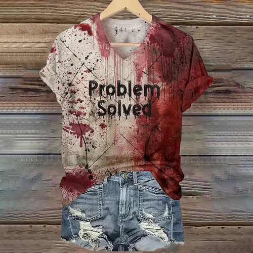 Women's Vintage Bloody Problem Solved Halloween Art Printed Short Sleeve T-shirt
