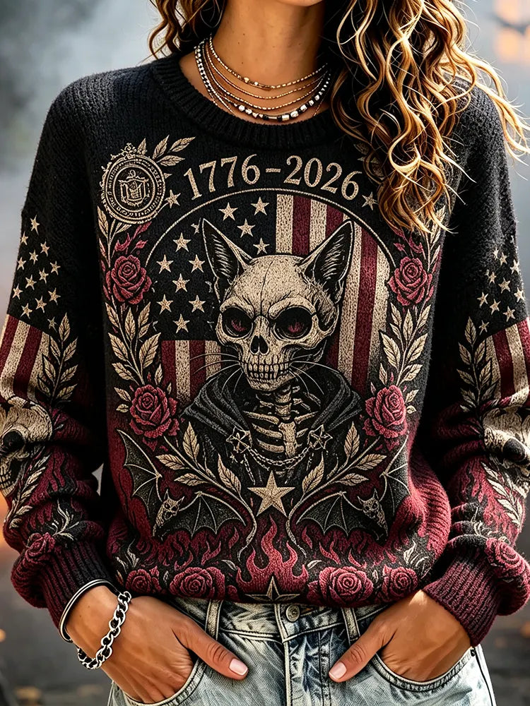 Women's Crewneck Knit Sweater Featuring Patriotic Cat Skull And Us Flag 1776-2026