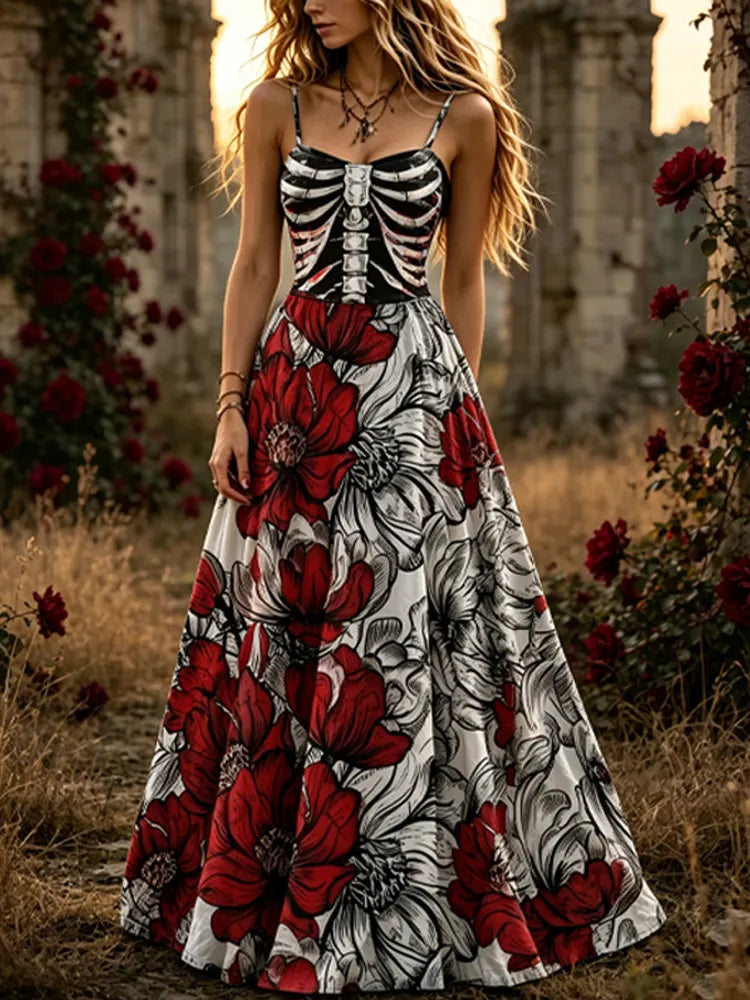 Girl's Halloween Skeleton Floral Gothic Dress