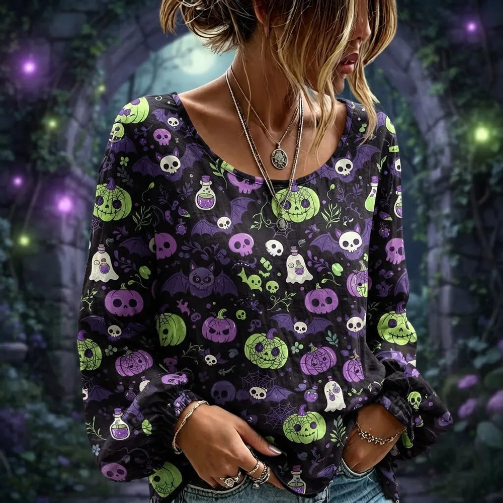 Women's Purple And Black Halloween Spooky Pumpkin Skull Bat Print Long Sleeve Casual Top