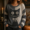 Women's Retro Halloween Black Cat Knit Crew Neck Sweater