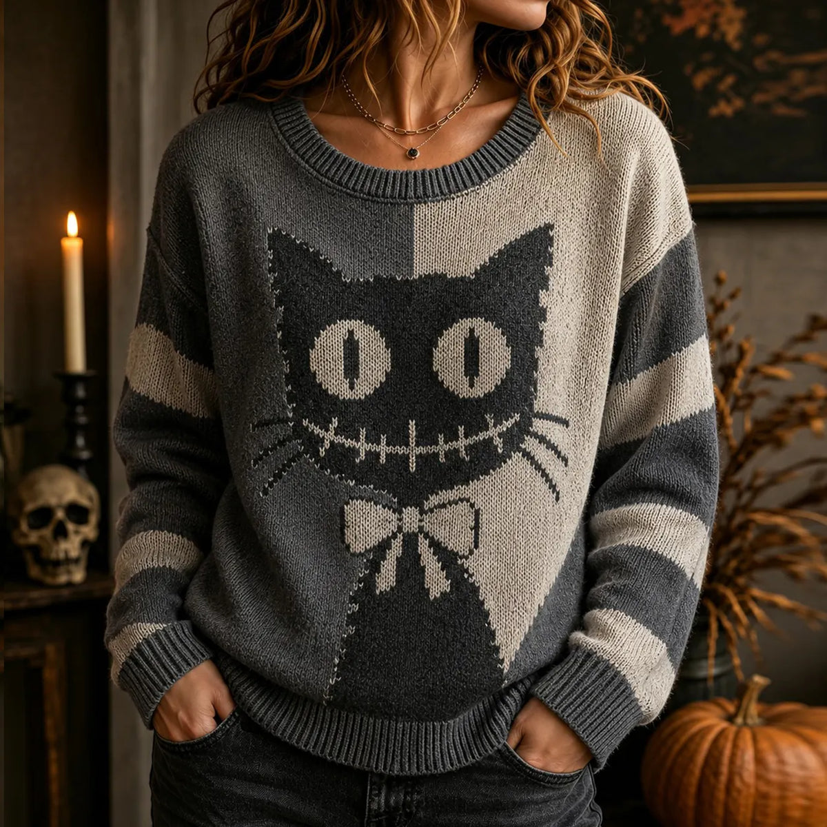 Women's Retro Halloween Black Cat Knit Crew Neck Sweater
