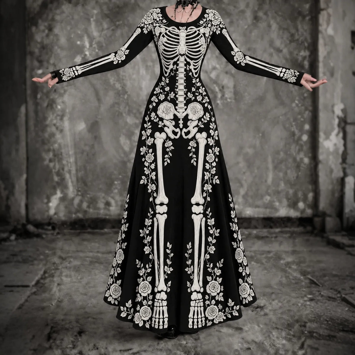 Women's Vintage Halloween Skeleton Art Comfy Maxi Dress