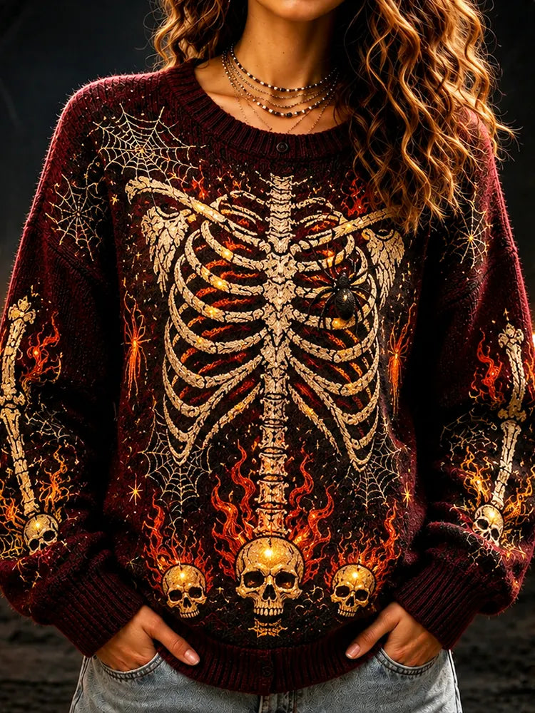 Women's Halloween Ribcage Skeleton & Skulls Graphic Knit Sweater - Burgundy Fire & Spider Web Pattern