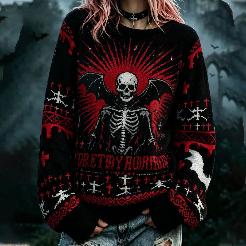 Women's Halloween Gothic Bat Skeleton Long-sleeve Sweater