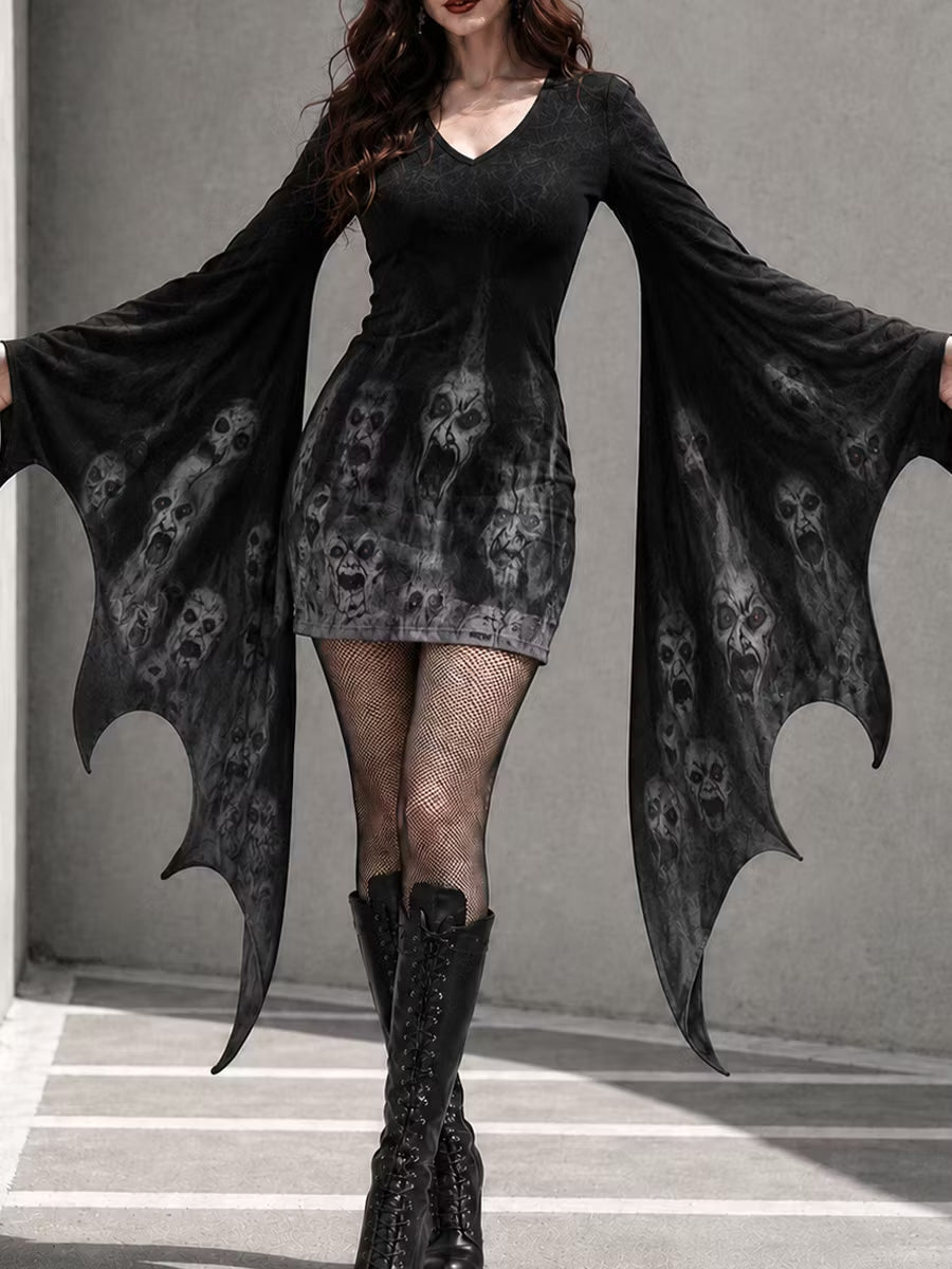 Women's Gothic Scare Face Batwing Flare Sleeve V Neck Bodycon Dress – Halloween Costume