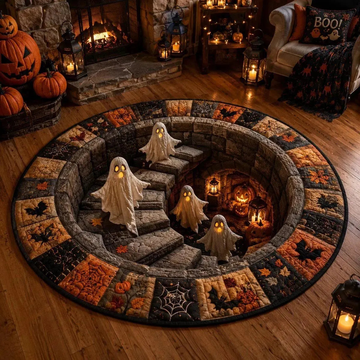 🔥👻 3D Haunted Staircase Round Rug – Spooky Halloween Optical Illusion
