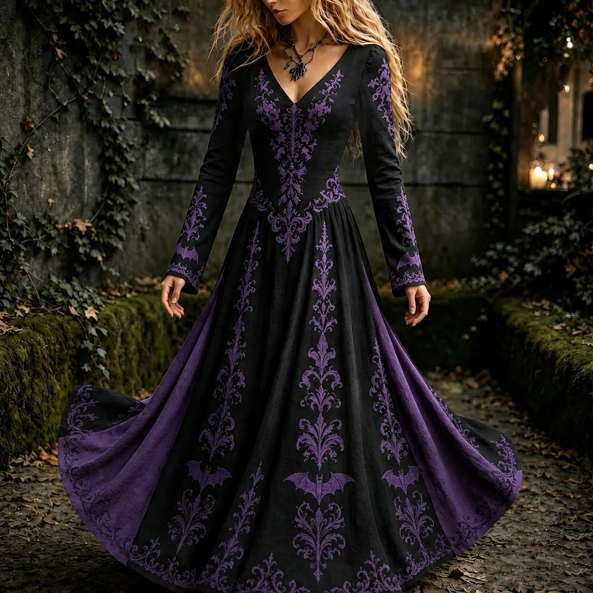 Women's Halloween Gothic Floral Bat Pattern Print V-neck Maxi Dress