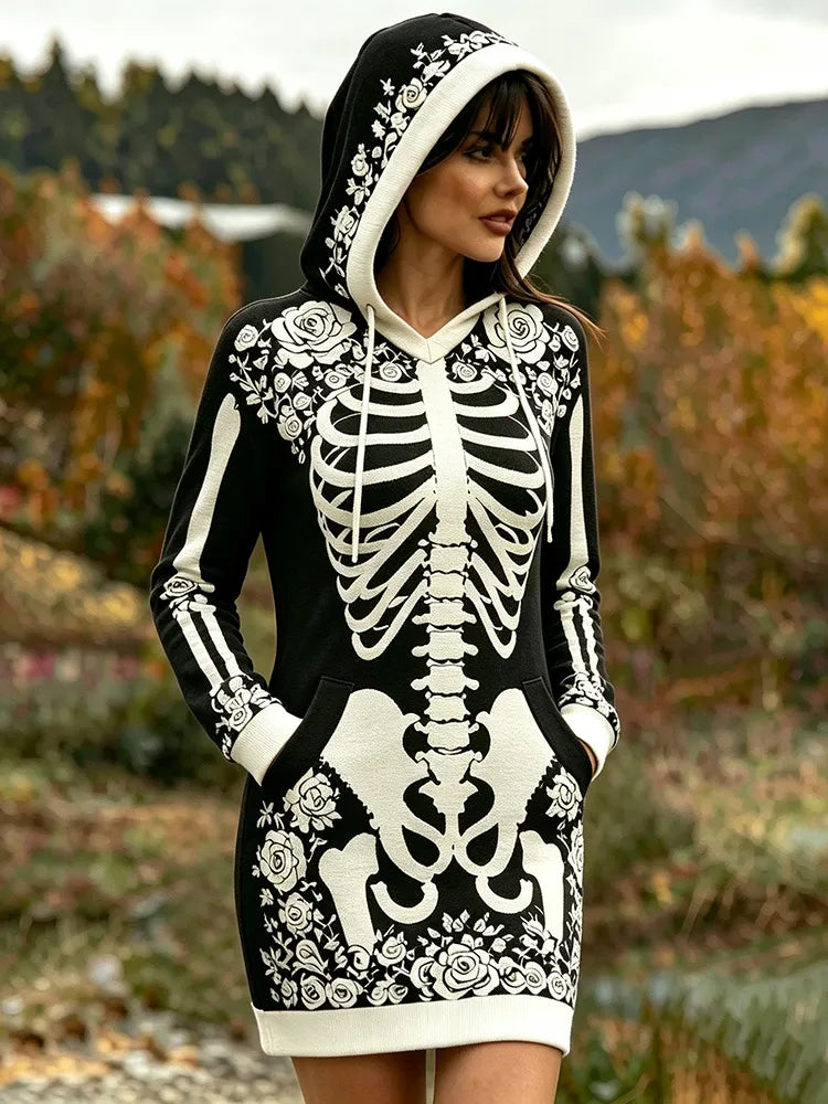 Women's Vintage Halloween Skeleton Bones With White Rose Art Hoodie Dress
